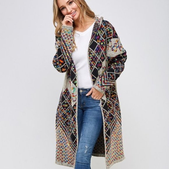 new  ON BLUE SWEATER Yellowstone CARDIGAN BOHO WESTERN AZTEC rainbow DUSTER S-3X - Picture 1 of 9